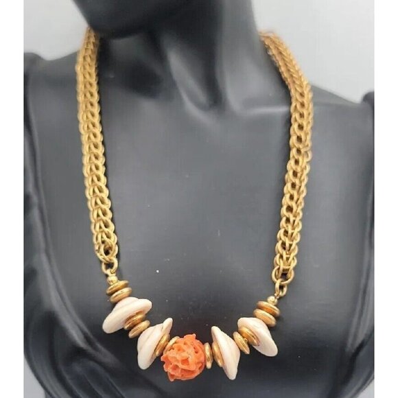 Miriam Haskell Puka Shell Raw Coral Necklace Vintage 15" Gold Tone Wheat Chain - Picture 2 of 16